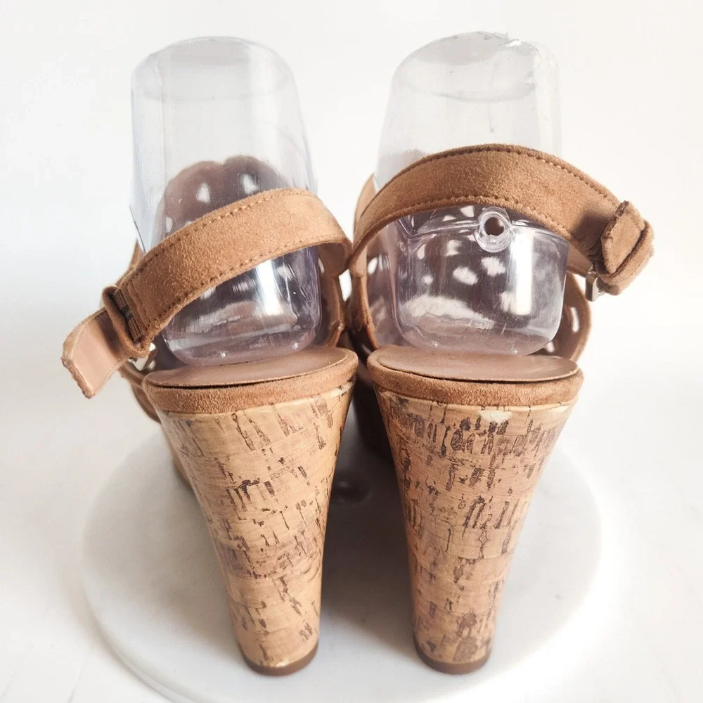 Franco Sarto Sandals Size 9.5 Wedge Platform‎ Shea Tan Faux Suede Laser Cut Cork